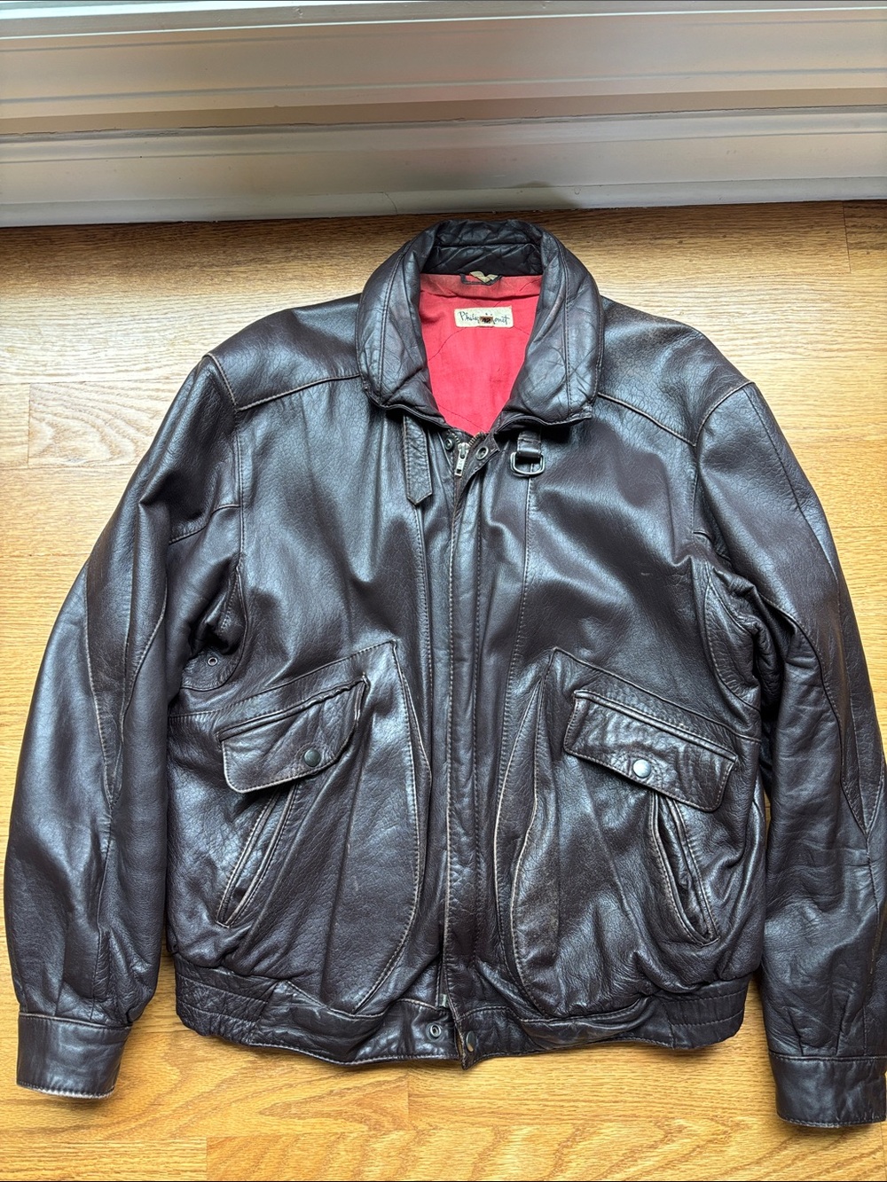 Men's Dark Brown Leather Bomber Jacket with Red Lining